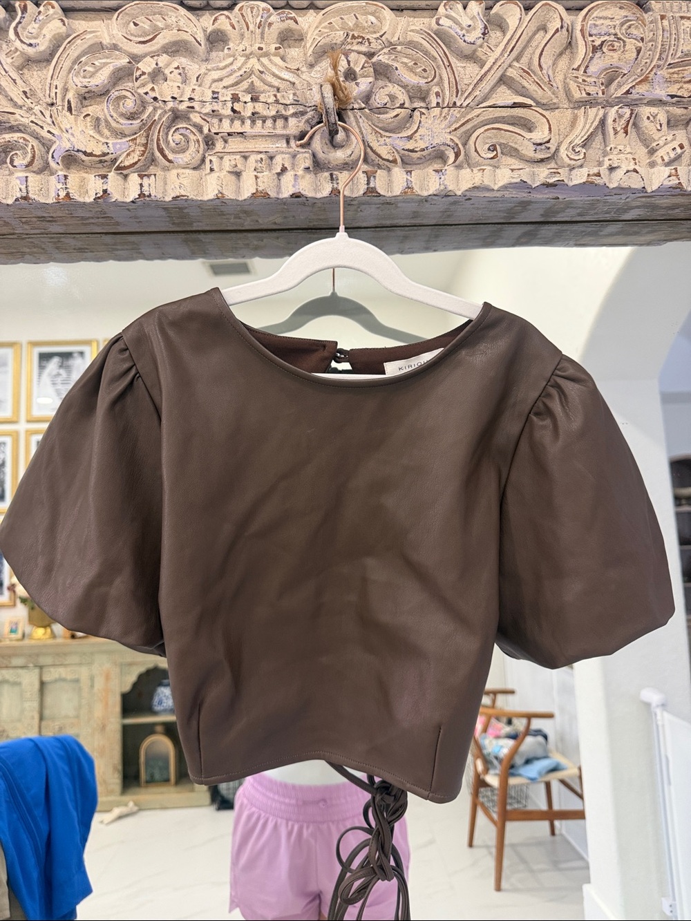 NWOT Brown Puff-Sleeve Cropped Faux Leather Top with Tie-Back